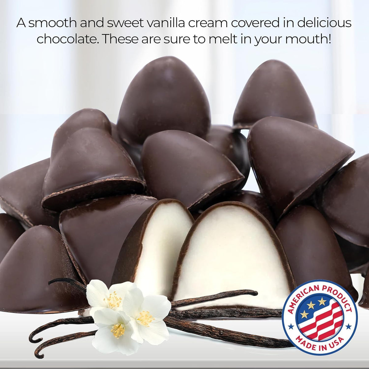 Zachary Old Fashioned Vanilla Creme Drops closeup shows glossy chocolate glaze, perfect holiday treat.