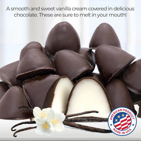 Zachary Old Fashioned Vanilla Creme Drops closeup shows glossy chocolate glaze, perfect holiday treat.