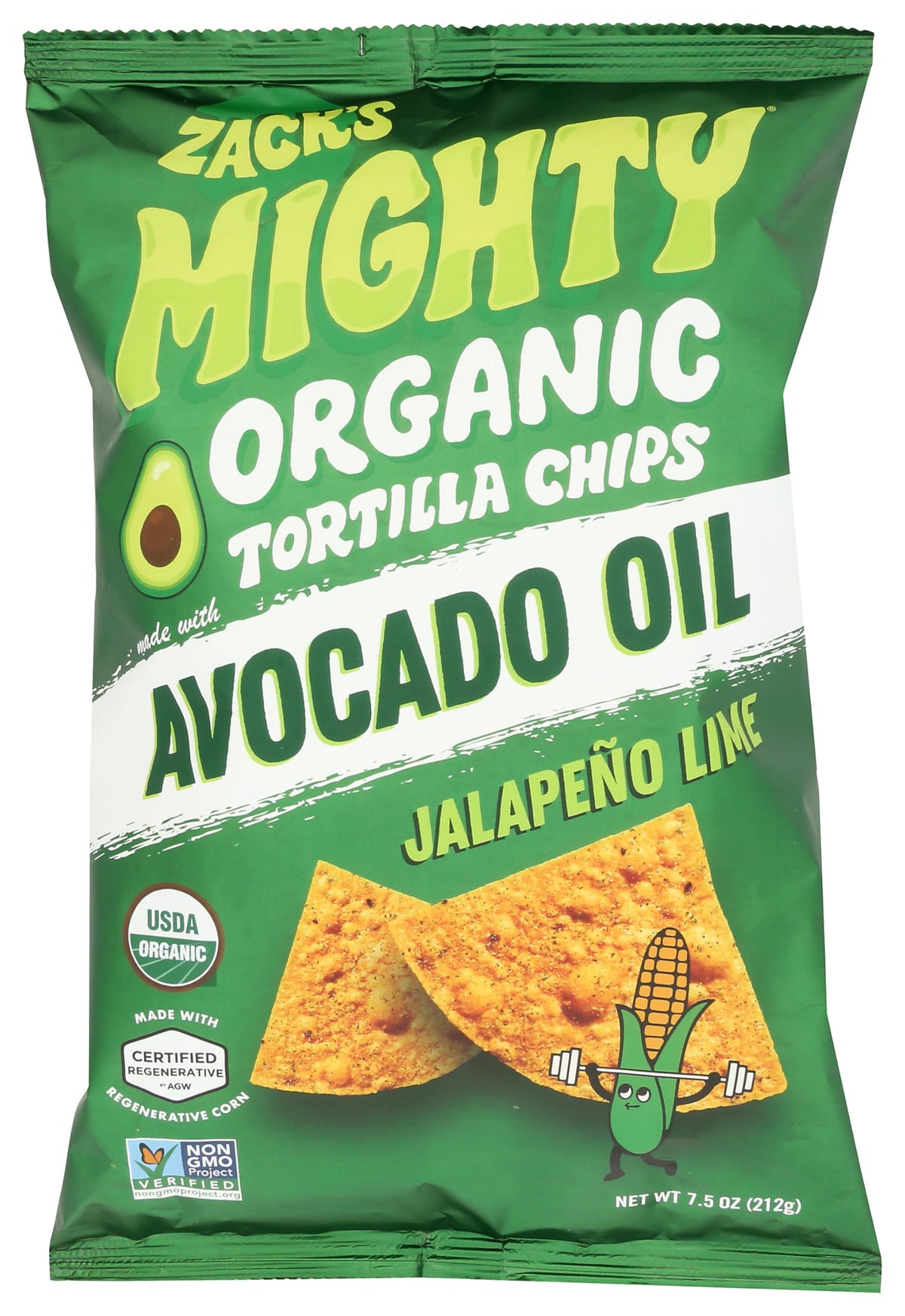 Zack's Mighty avocado oil tortilla chips pack shot showing the product