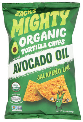 Zack's Mighty avocado oil tortilla chips pack shot showing the product