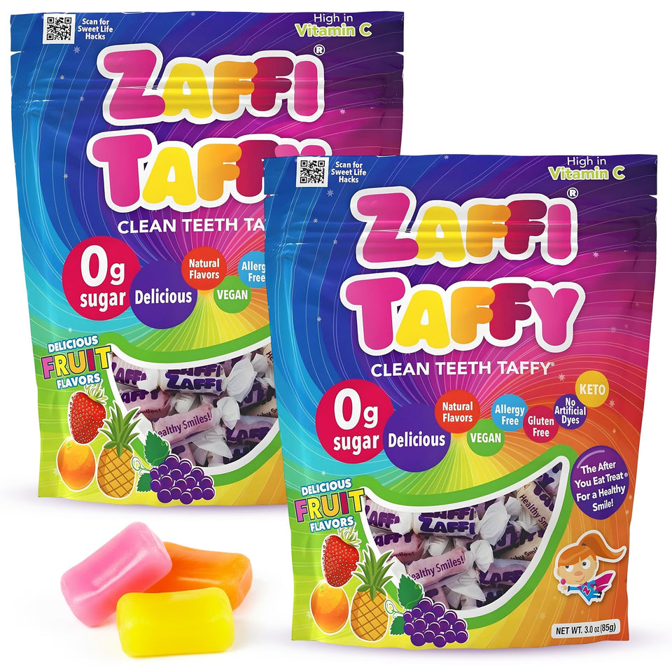 Zaffi Taffy fruity flavor 2-pack, sugar-free candy for healthy smiles after meals.
