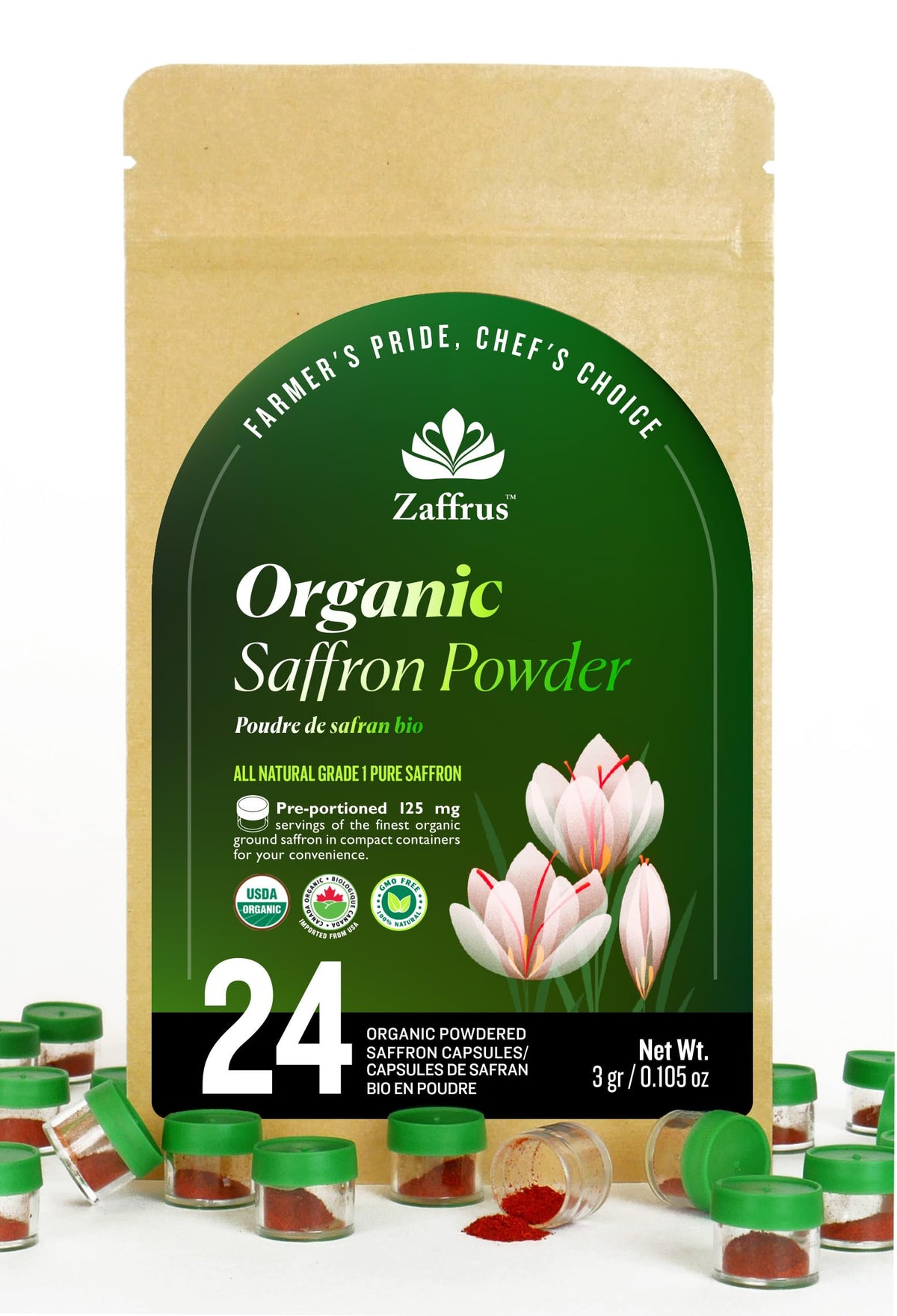 Zaffrus organic saffron powder 125mg single-serve container adds vibrant color to dishes.