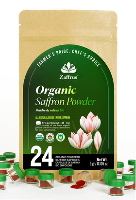 Zaffrus organic saffron powder 125mg single-serve container adds vibrant color to dishes.
