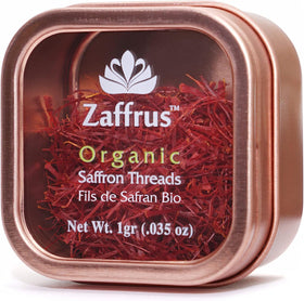 Zaffrus organic saffron threads in a 1g package for vibrant color.