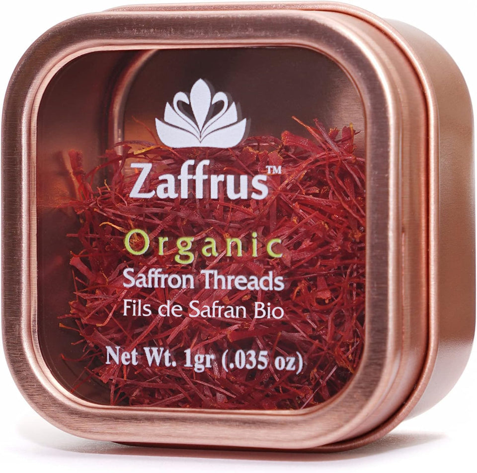 Zaffrus organic saffron threads in a 1g package for vibrant color.