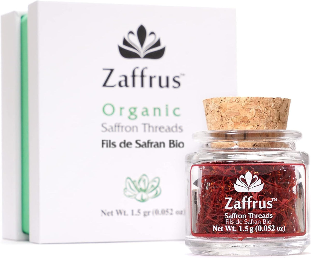 Zaffrus organic saffron threads in red strands for rich aroma.