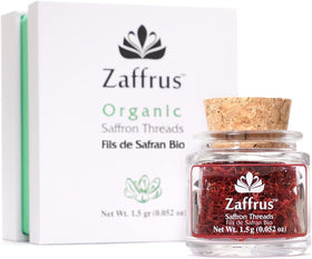 Zaffrus organic saffron threads in red strands for rich aroma.