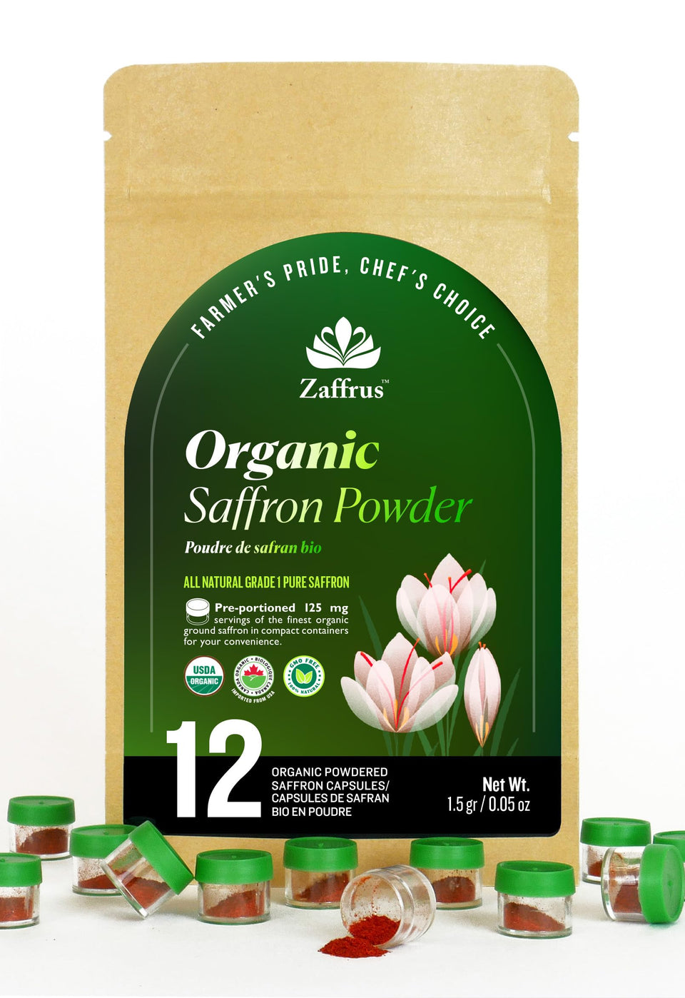 Zaffrus saffron powder single-serve 125 mg for quick, consistent flavor in dishes.
