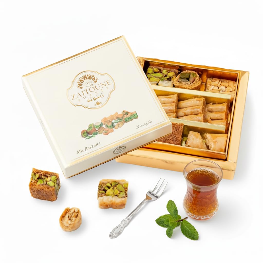 Zaitoune baklava box showcasing cashews and pistachios, ideal for gifting.