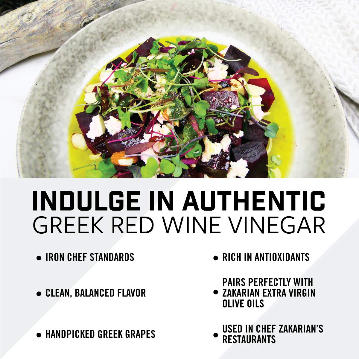 Zakarian bottle paired with extra virgin olive oil for vinaigrettes.