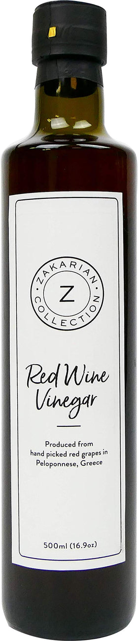 Zakarian red wine vinegar bottle ready for vibrant salad dressings.