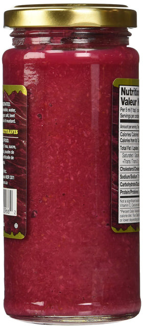 Zakuson Gourmet Horseradish with Beets dollop on cracker shows vibrant color and zesty heat.