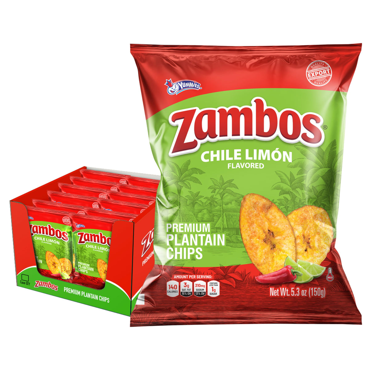 Zambos Chile Limón plantain chips pack of 12 showcasing bold lime and chili flavor for sharing.