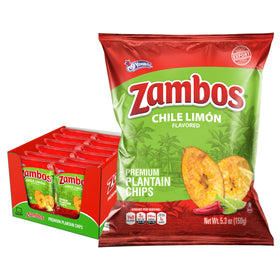 Zambos Chile Limón plantain chips pack of 12 showcasing bold lime and chili flavor for sharing.