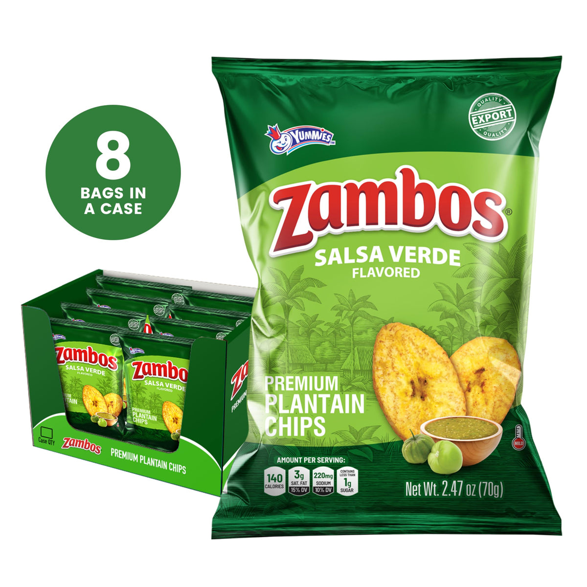 Close-up of crisp Zambos Salsa Verde plantain chips.