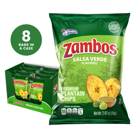 Close-up of crisp Zambos Salsa Verde plantain chips.