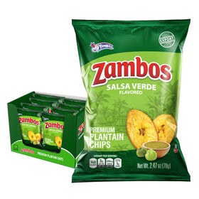 Zambos Salsa Verde Plantain Chips eight-pack on display for sharing.