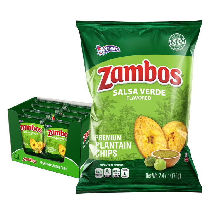 Zambos Salsa Verde Plantain Chips eight-pack on display for sharing.