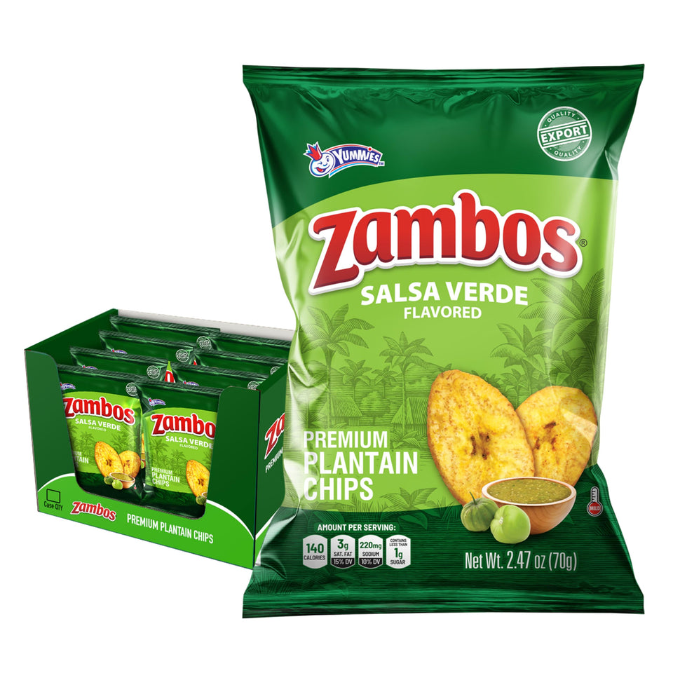 Zambos Salsa Verde Plantain Chips eight-pack on display for sharing.
