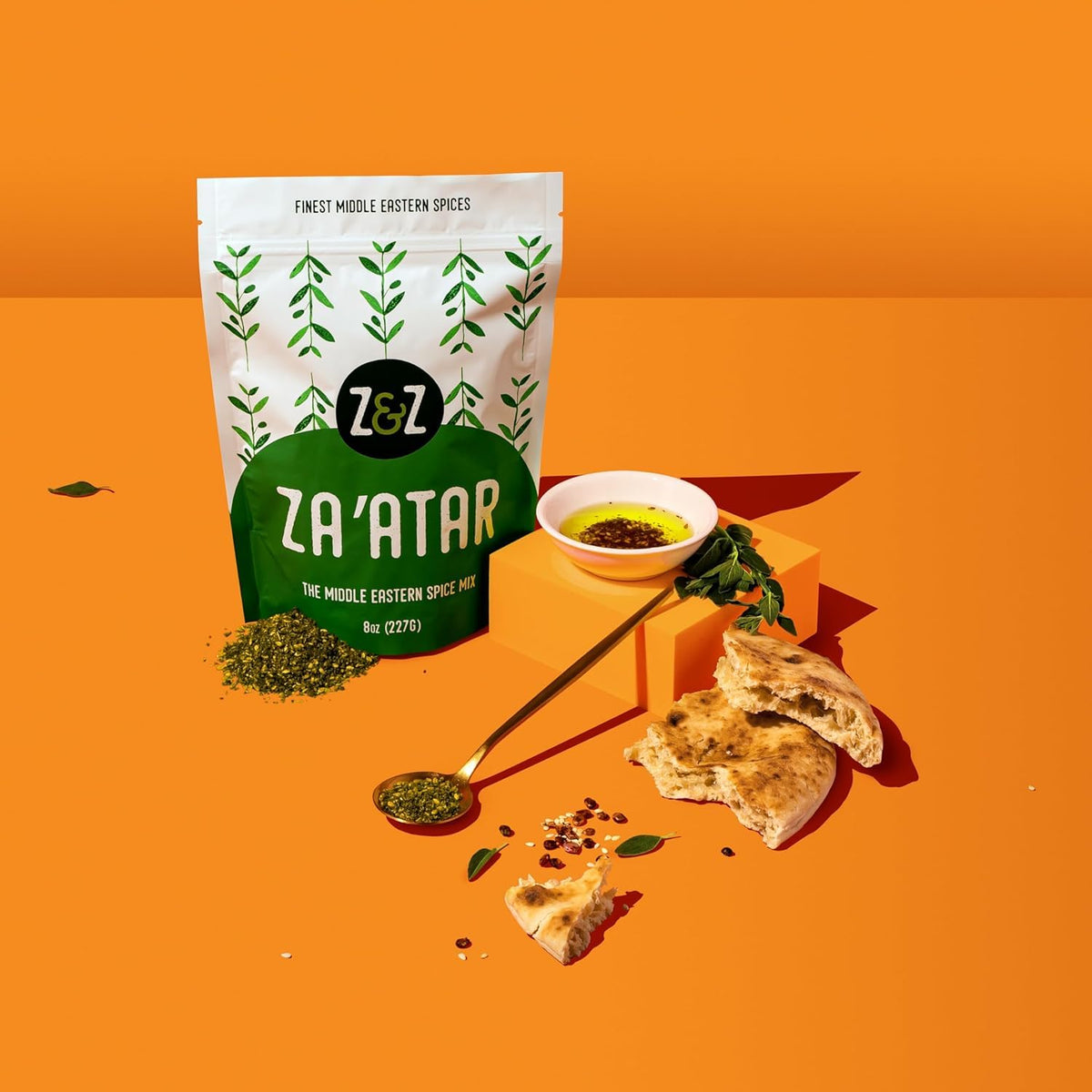 Z&amp;Z Za’atar spice on flatbread adds savory, tangy notes for a quick snack.