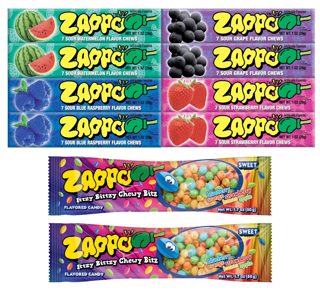ZAPPO Sour Chews 10-pack mix displayed, ideal for sharing at parties.