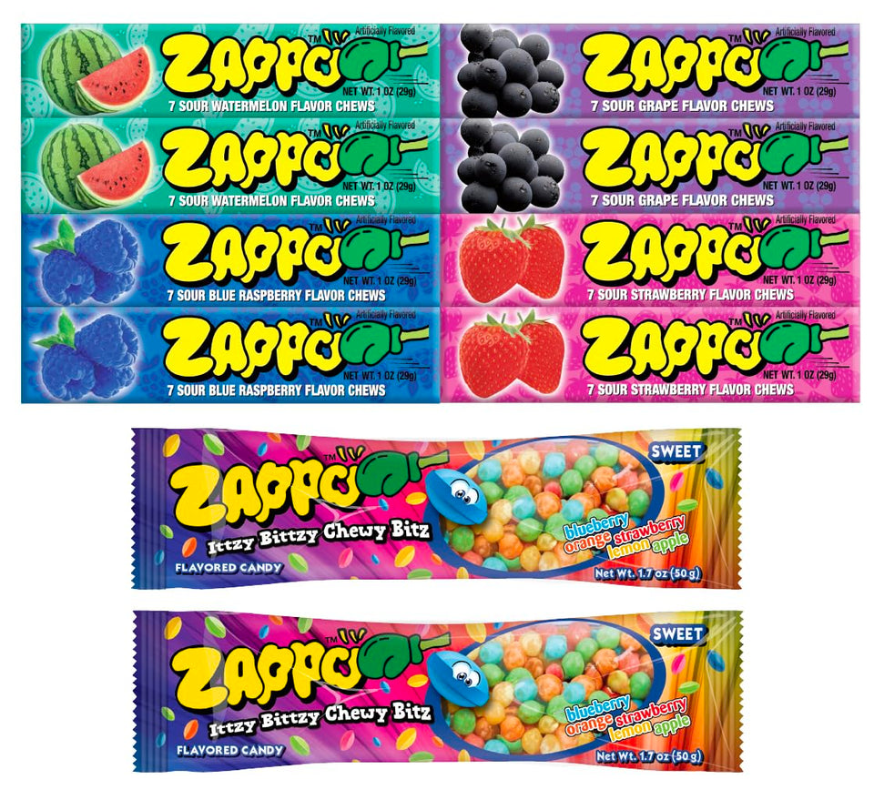 ZAPPO Sour Chews 10-pack mix displayed, ideal for sharing at parties.