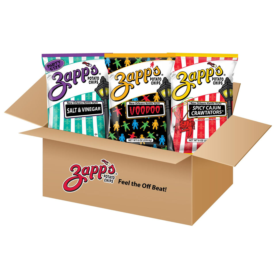 Zapp's Custom Kettle Chip 3-Bag Bundle hero image showing bold flavor variety for parties.