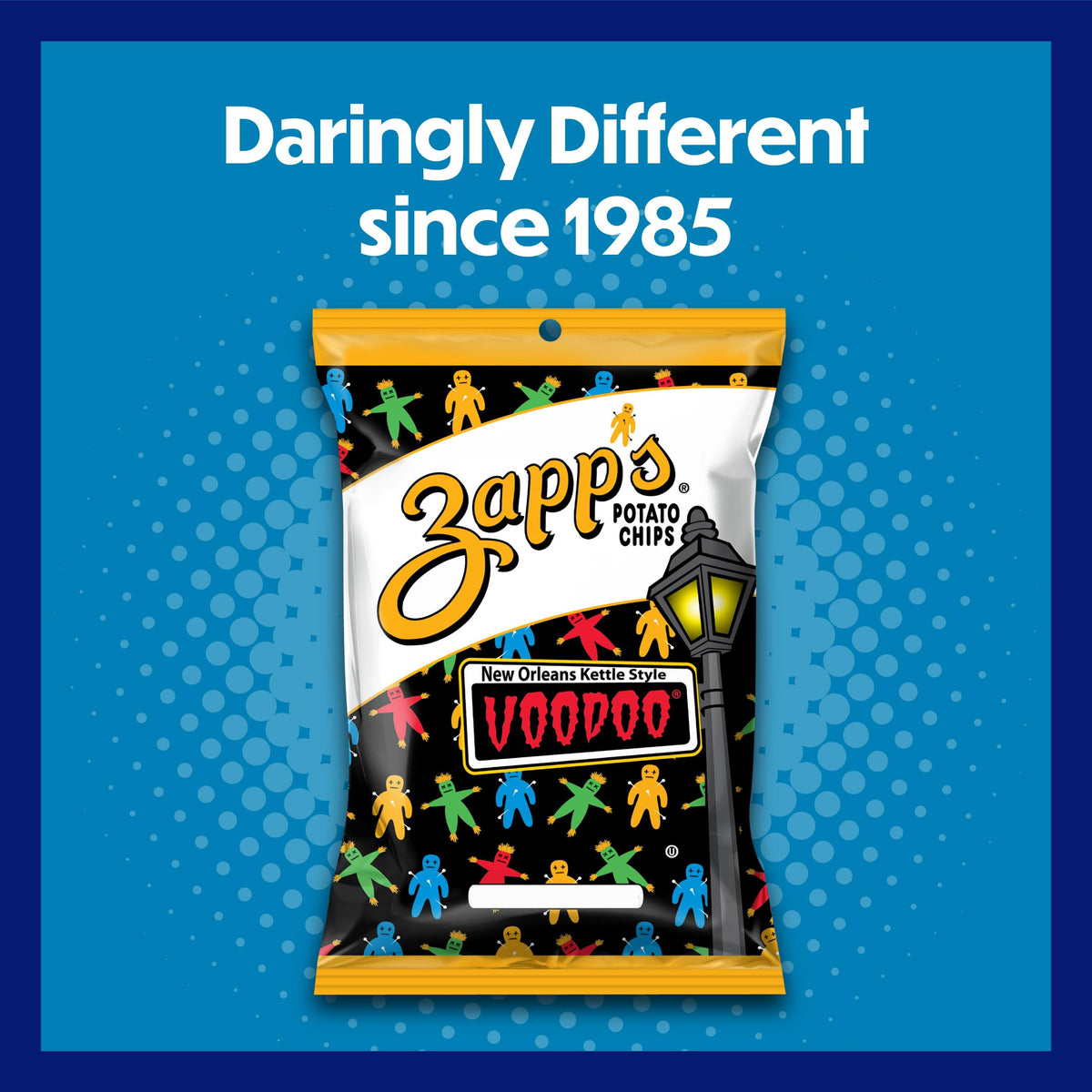 Zapp’s New Orleans Voodoo chips seasoning close-up, salt, vinegar and smoky finish.