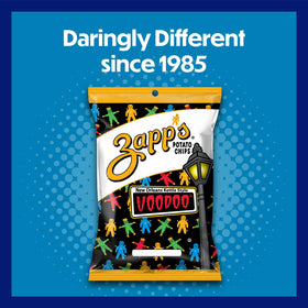 Zapp’s New Orleans Voodoo chips seasoning close-up, salt, vinegar and smoky finish.