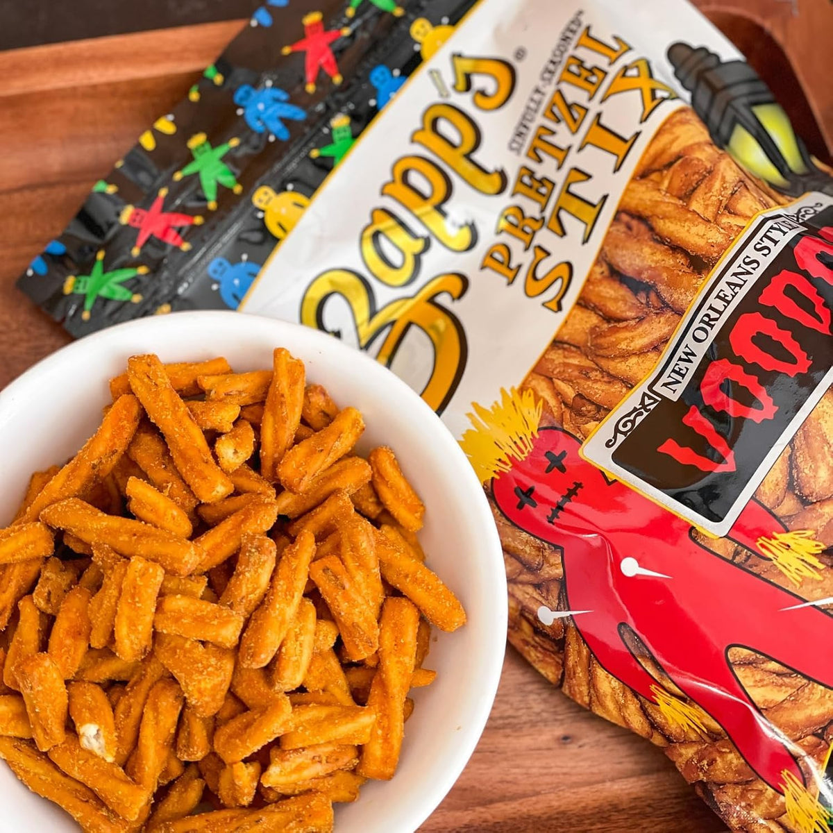 Zapp's Seasoned Pretzel Stix Voodoo twist close-up showing seasoning.