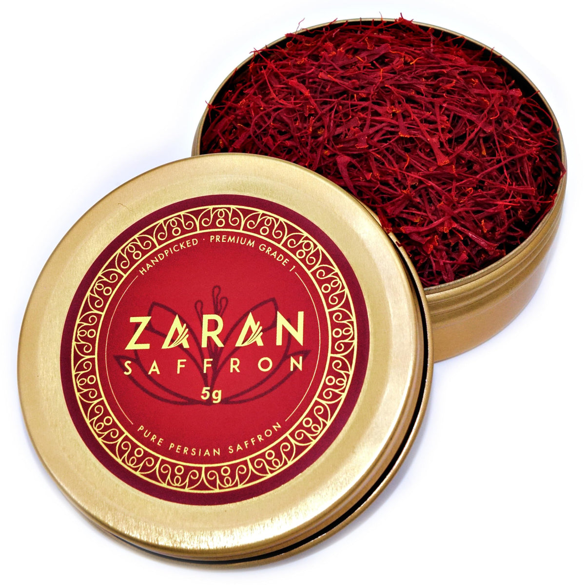 Zaran Saffron Super Negin in a gold tin enhances aroma for paella and risotto