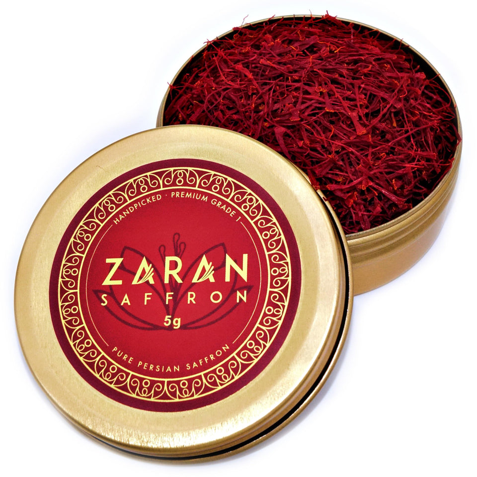 Zaran Saffron Super Negin in a gold tin enhances aroma for paella and risotto