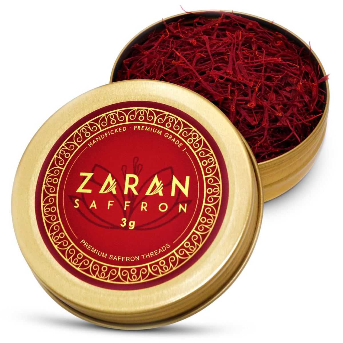 Zaran Saffron Super Negin tin packaging highlights premium saffron gift option.