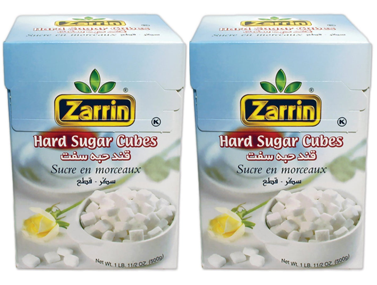 Zarrin hard sugar cubes two-pack display for easy sweetening at home.