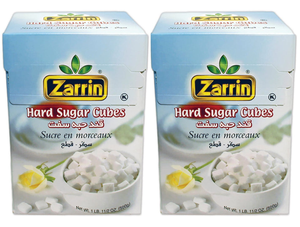 Zarrin hard sugar cubes two-pack display for easy sweetening at home.