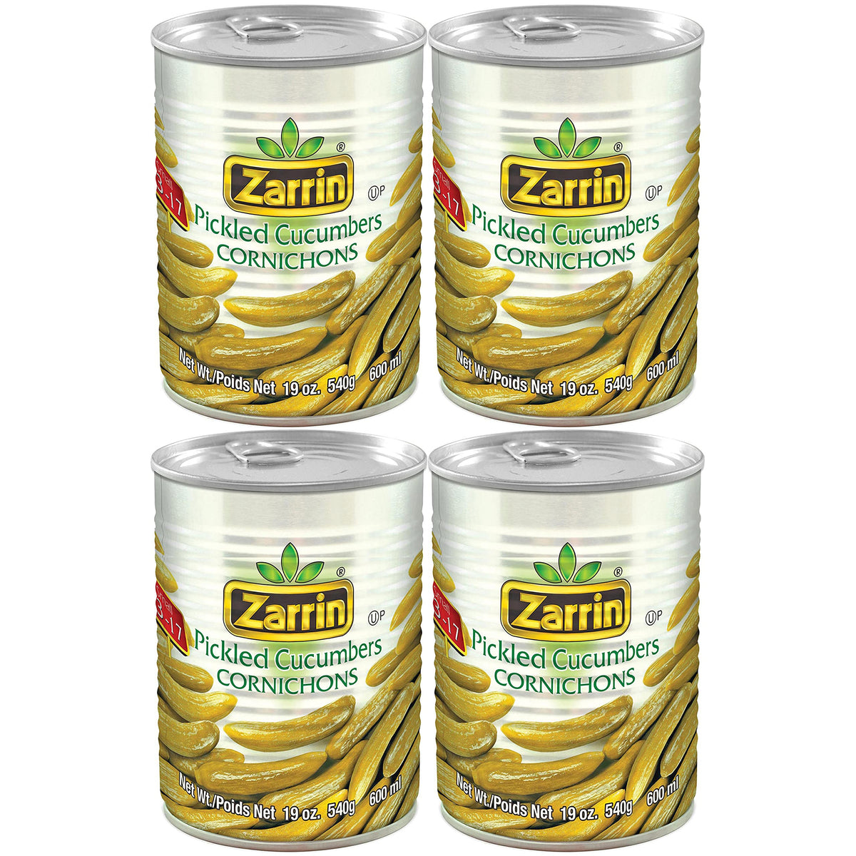 Zarrin Pickled Cornichons 4-pack can on shelf for quick snacking and sandwiches.