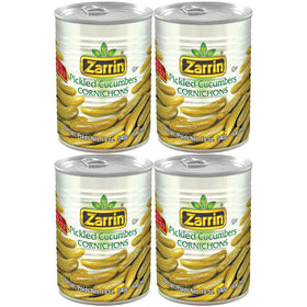 Zarrin Pickled Cornichons 4-pack can on shelf for quick snacking and sandwiches.