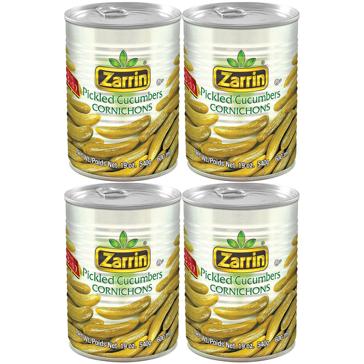 Zarrin Pickled Cornichons 4-pack can on shelf for quick snacking and sandwiches.