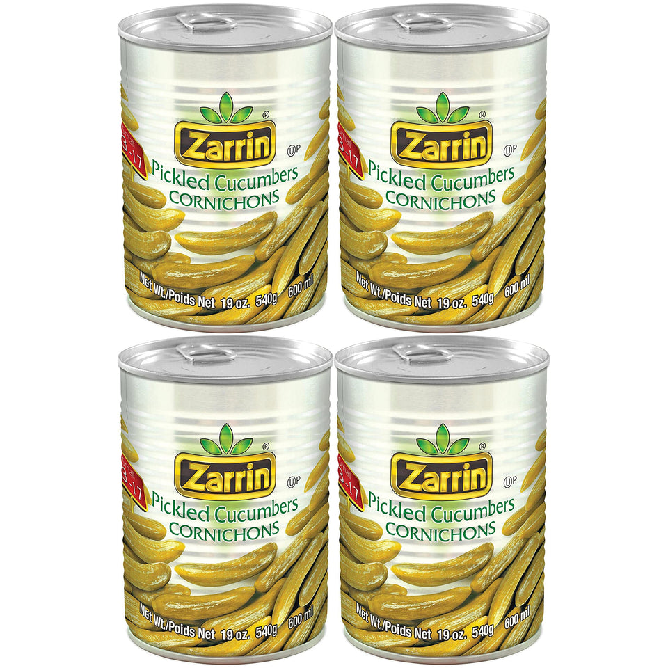 Zarrin Pickled Cornichons 4-pack can on shelf for quick snacking and sandwiches.