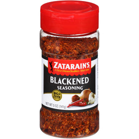 Zatarain's Big & Zesty Blackened Seasoning bottle close-up, enhances seafood flavor.