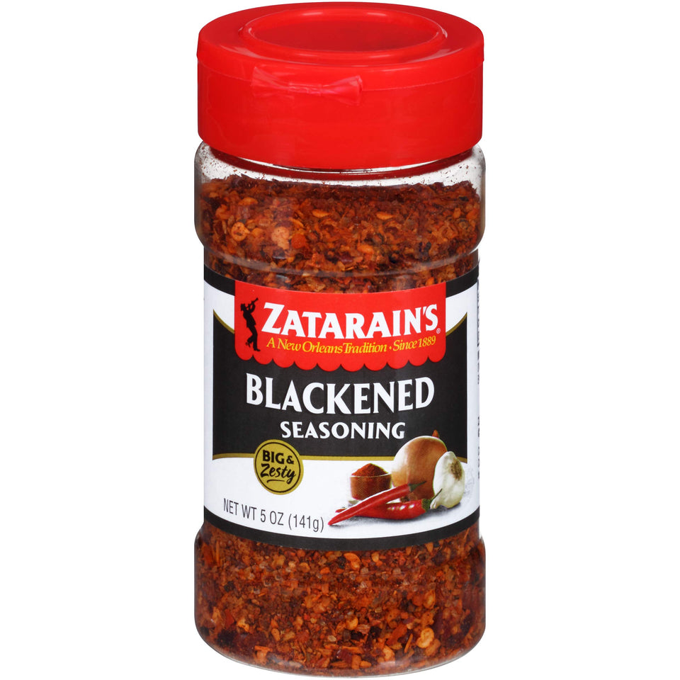 Zatarain's Big & Zesty Blackened Seasoning bottle close-up, enhances seafood flavor.