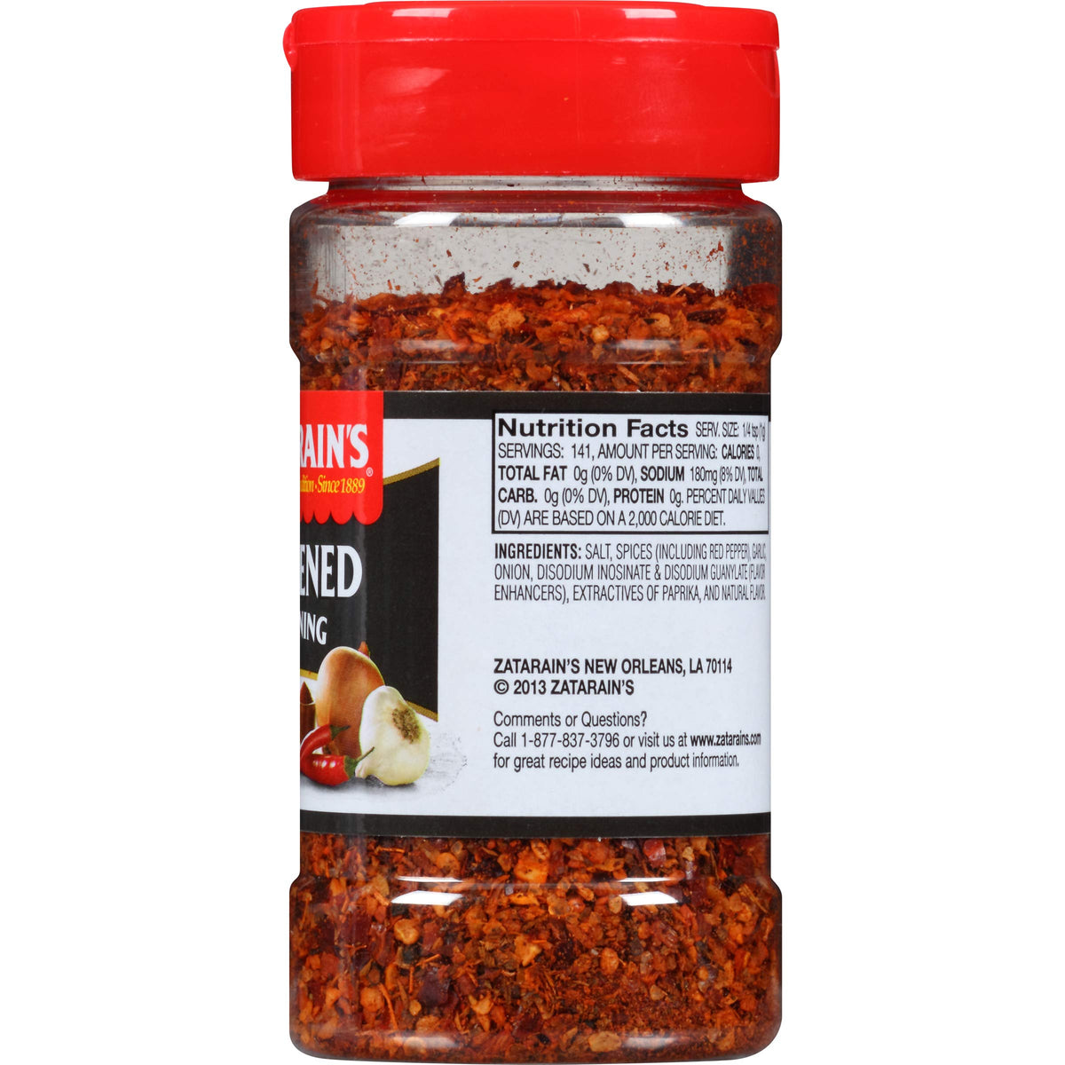 Close-up of Zatarain's Blackened Seasoning ingredients with peppers for depth.