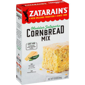 Zatarain's Cheddar Jalapeño Cornbread Mix packaging signals bold flavor for family meals.