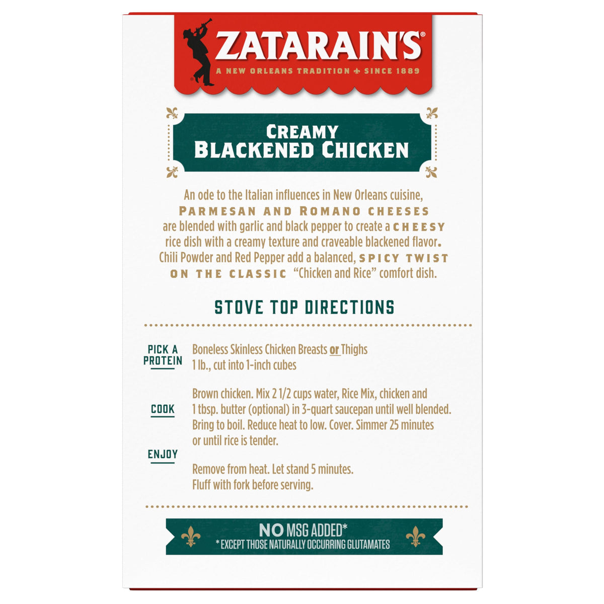 Zatarain's Creamy Blackened Chicken Rice Mix packaging display for convenience