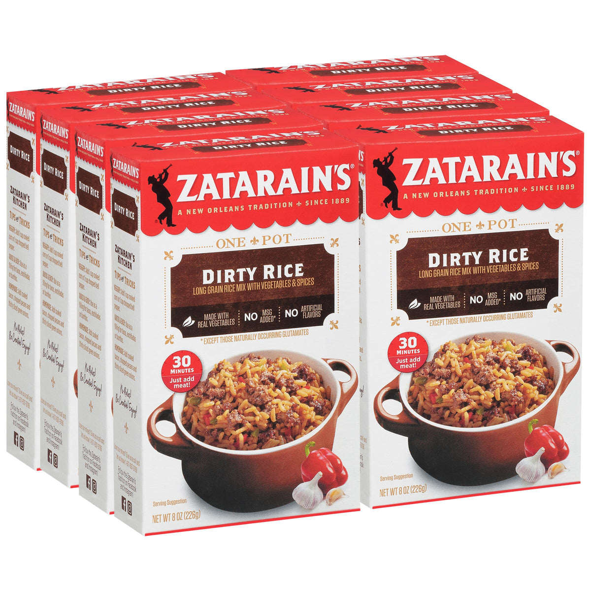 Zatarain's Dirty Rice pack 8oz front shows pantry-ready mix for easy Cajun meals.