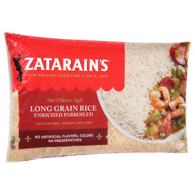 Zatarain's enriched parboiled rice bag close-up showing fluffy, non-sticky grains.