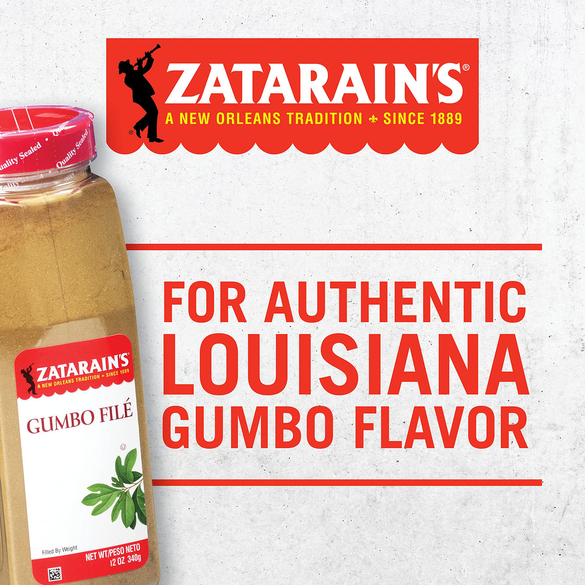 Zatarain's Gumbo Filé powder closeup showing aromatic sassafras leaves.