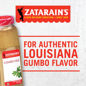 Zatarain's Gumbo Filé powder closeup showing aromatic sassafras leaves.