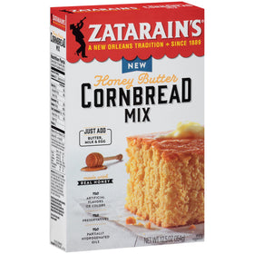 Zatarain's Honey Butter Cornbread Mix package front showing real honey flavor for family meals