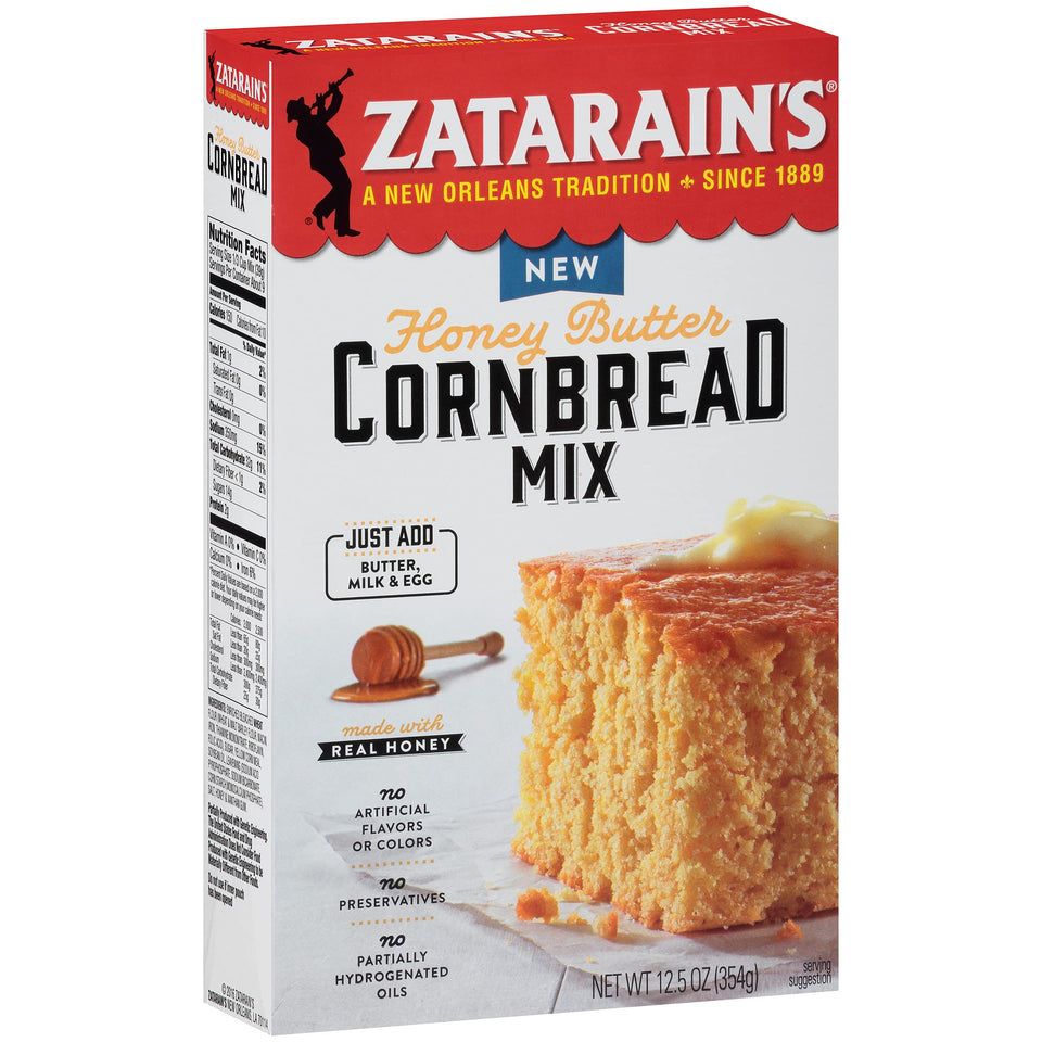 Zatarain's Honey Butter Cornbread Mix package front showing real honey flavor for family meals